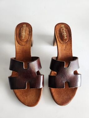 Ethem Italy Big H Leather Mule Sandals Designer Inspired Slides Brown Size 39(8)